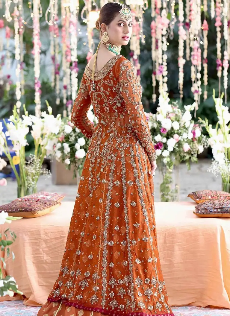 Embroidered orange and gold bridal Angrakha with handcrafted detailing for wedding events