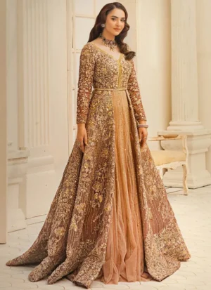 Plum Erum Khan-inspired open slit bridal gown with antique-gold, bronze, copper and rose-gold embroidery