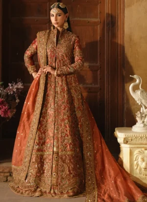 Rust jacket style lehenga with a floor-length tissue open gown, 12-kali brocade lehenga and Masuri dupatta.