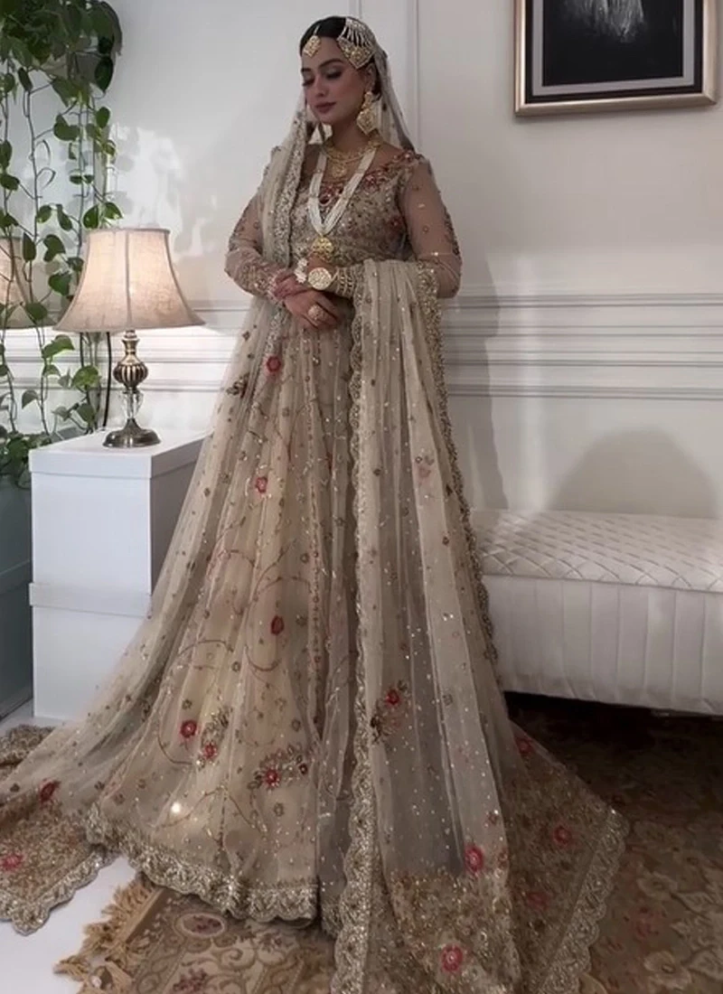 14-kali ivory bridal gown with panels, attached cancan, scoop neckline and full sleeves
