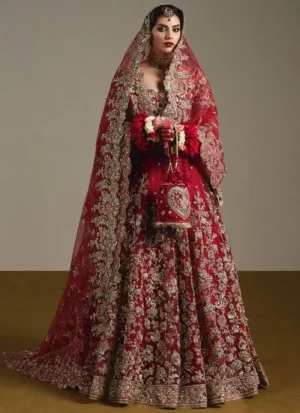 Hussain Rehar deep red organza lehenga choli with blouse, 14-kali lehenga and 3.5-yard dupatta