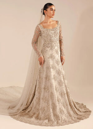 Ivory floor sweeping bridal gown with train featuring elegant silver and gold detailing