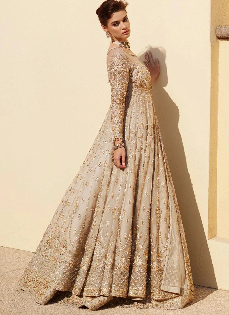 Ivory bridal Peshwas with illusion sweetheart neckline at front and back and full sleeves