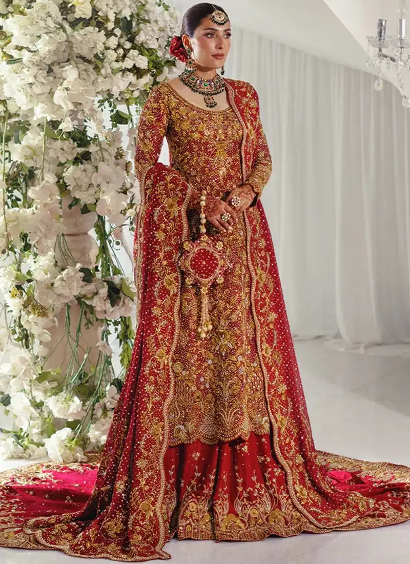Mina-Hasan-Farshi-Lehenga-2 Red Farshi lehenga bridal outfit with boat-neck long shirt and circular full-ghera skirt