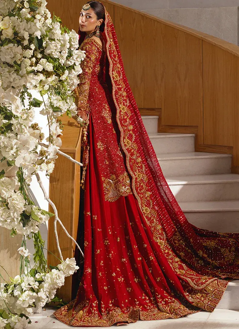 Mina Hasan tissue silk Farshi lehenga with antique gold, copper, rose-gold and silver embroidery
