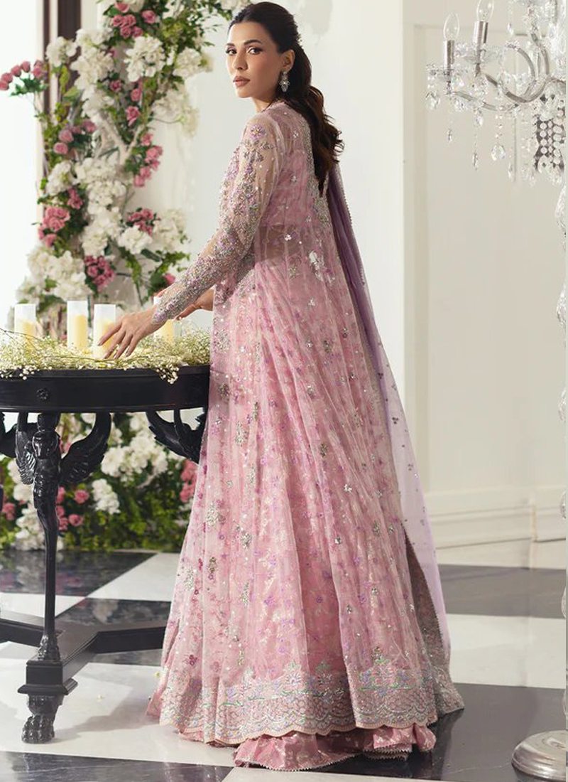 Baby pink pishwas with deep V neckline, silver and rose-gold embroidery and full organza sleeves