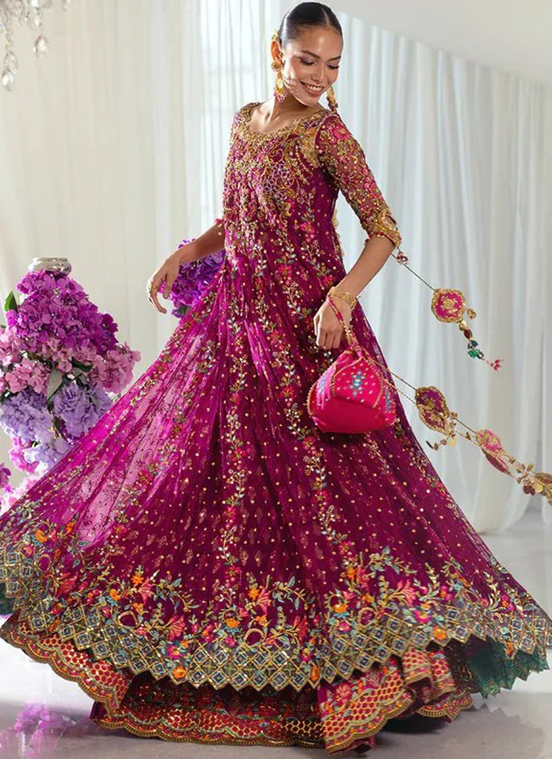 Mina-Hasan-Purple-Maxi-2 Purple engagement dress with round neck, gold and multicolour embroidery and turquoise lattice hem
