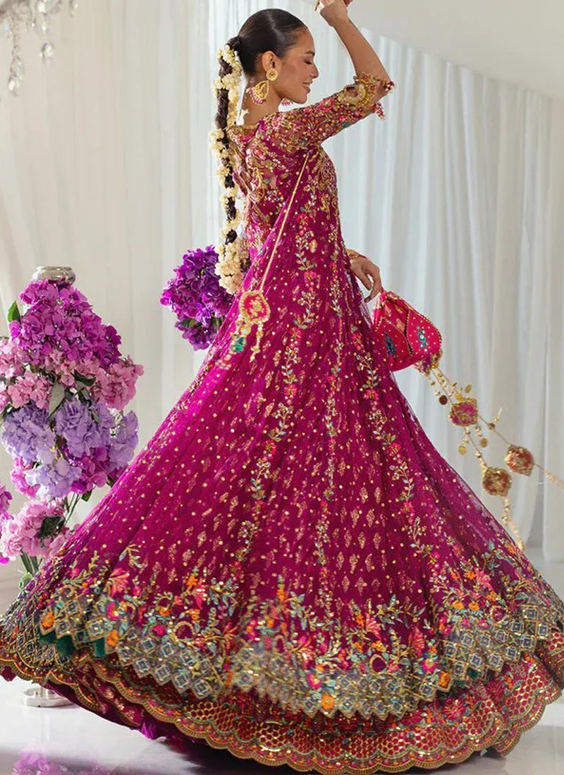 Purple bridal pishwas with gold, rose-gold and multicolour work over an attached cancan