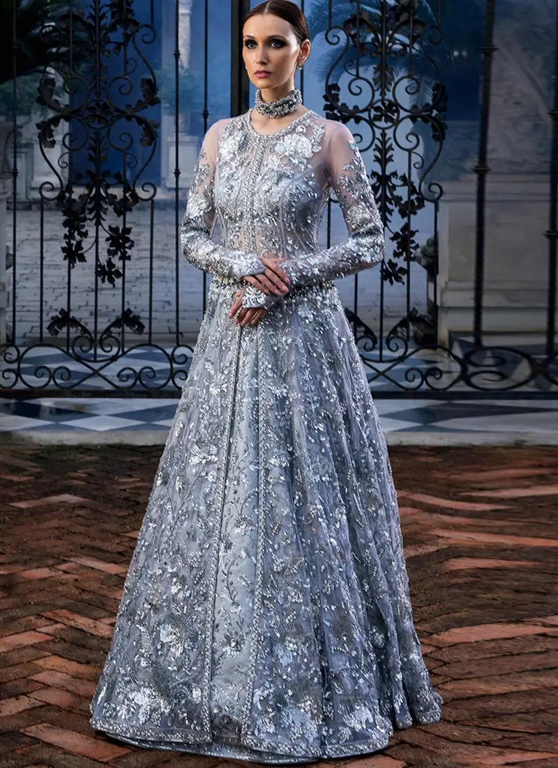 Nomi-Ansari-Nikkah-Dress-1 Nomi Ansari silver Nikkah dress with organza open gown over a tissue silk 14-kali lehenga