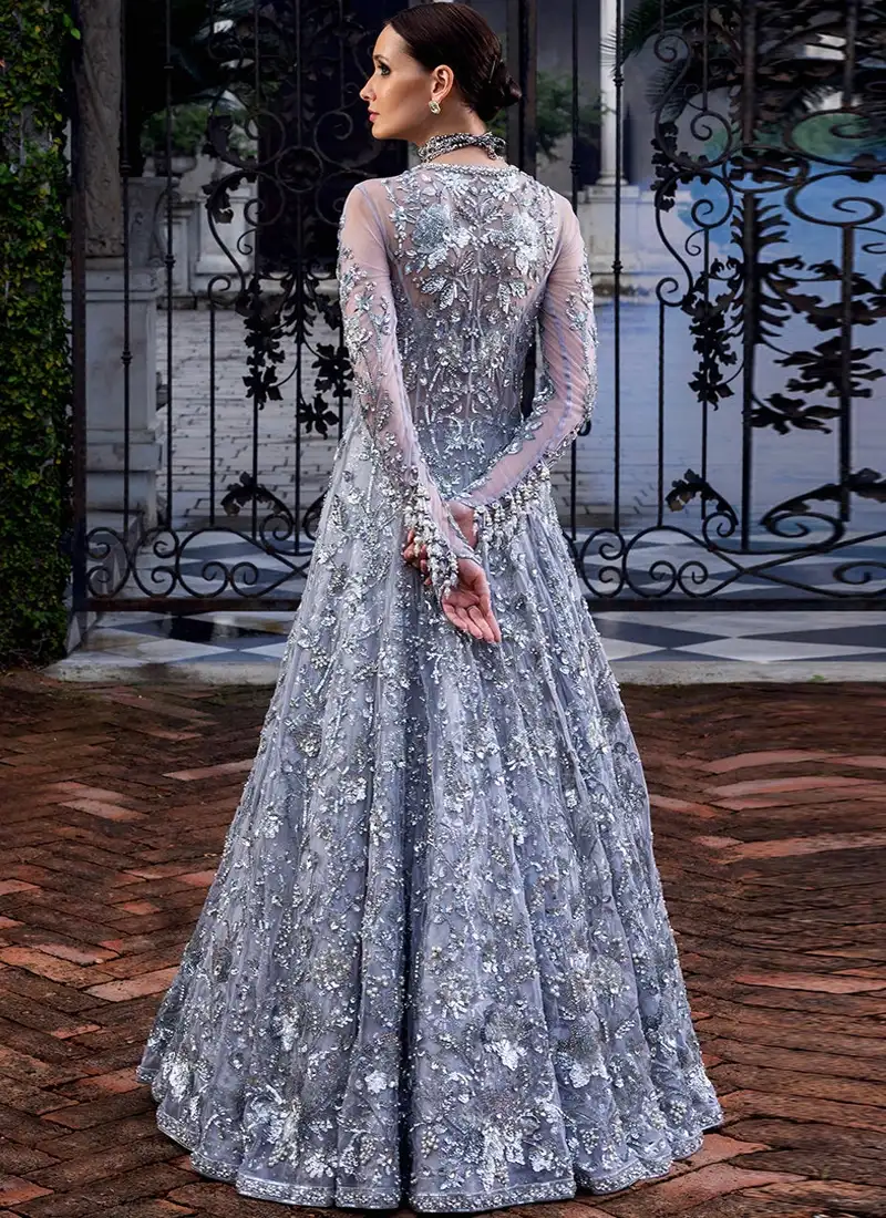 Silver bridal open gown with round neckline, full sleeves and dense antique-silver embroidery