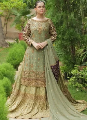 Sage green bridal Farshi lehenga with Khaddi Net kameez, Jamawar lehenga and chiffon dupatta with purple accents