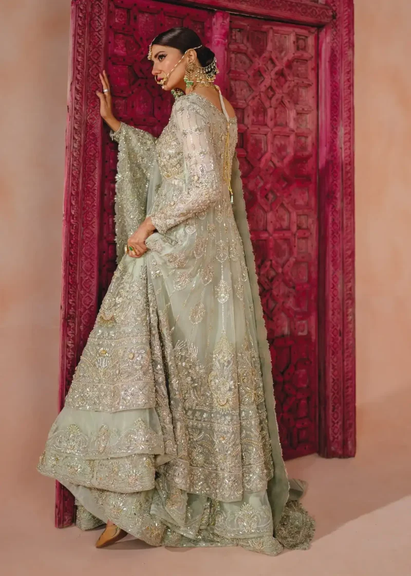 Pakistani sea green Baraat dress with graceful lehenga styling and detailed bridal embroidery