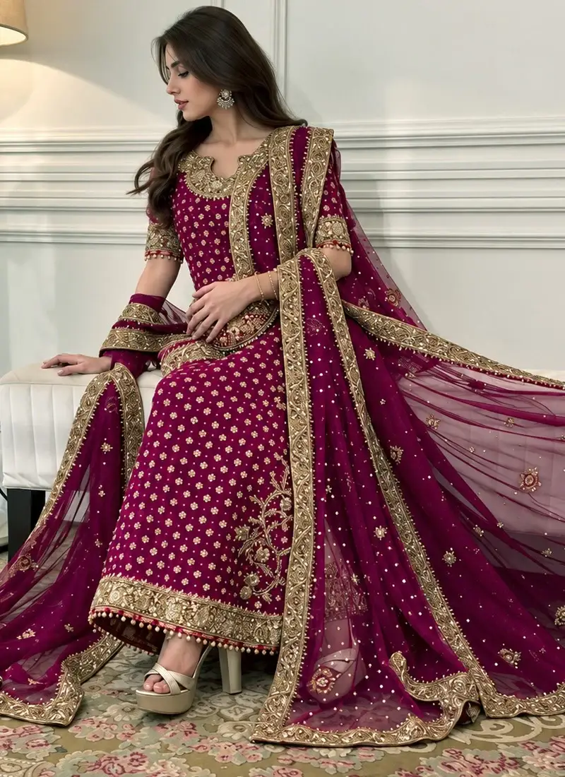 Plum Purple Pakistani Long Formal Dress Plum wedding guest dress with ankle-length chiffon shirt, American Katan silk trousers and matching plum dupatta