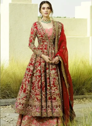 Red Open Frock with Embellished Lehenga