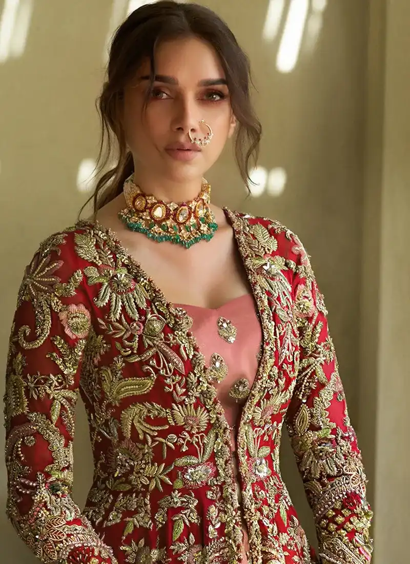 Red Open Frock with Embellished Lehenga