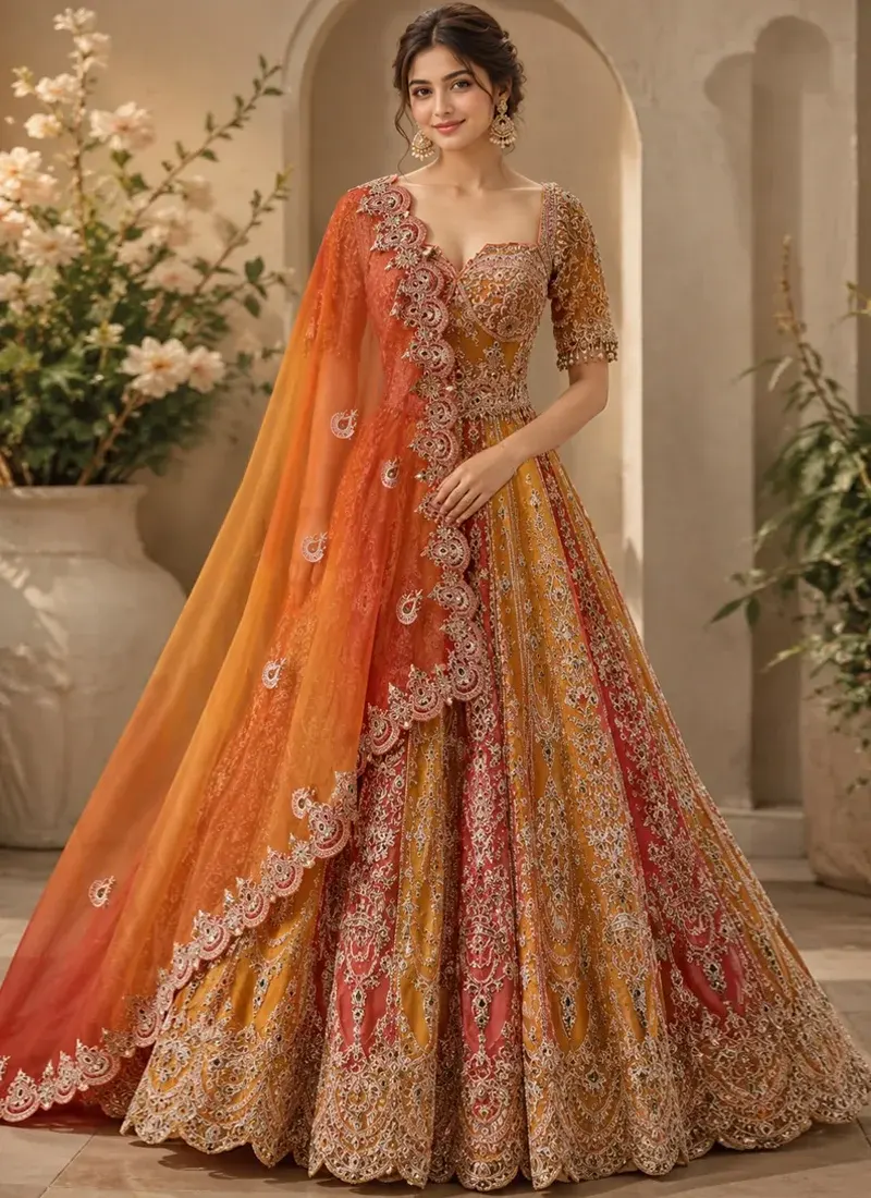 Saffron Orange & Coral Indian Bridal Lehenga Choli Saffron orange and coral lehenga choli with sweetheart neckline, silver-toned embroidery and scalloped hem