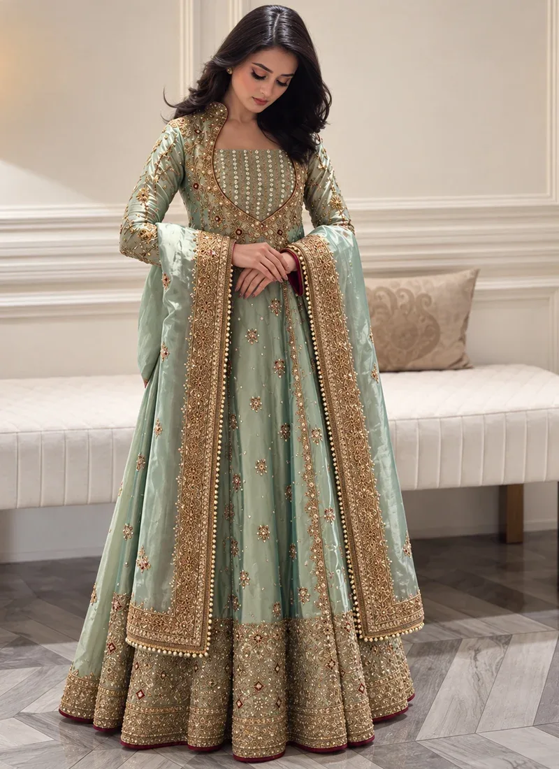 Sage green Angrakha dress featuring intricate gold zardozi embroidery and elegant crystal detailing