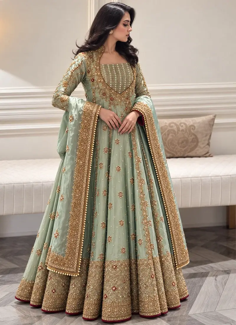 Sage green Pakistani formal Angrakha dress with gold zardozi embroidery and crystal embellishments