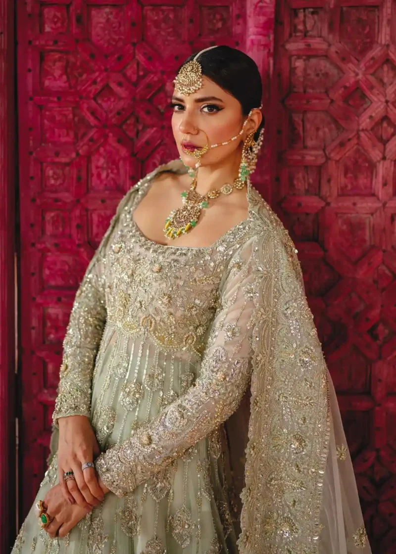 Sea green Baraat lehenga with elegant embroidery and traditional Pakistani bridal styling