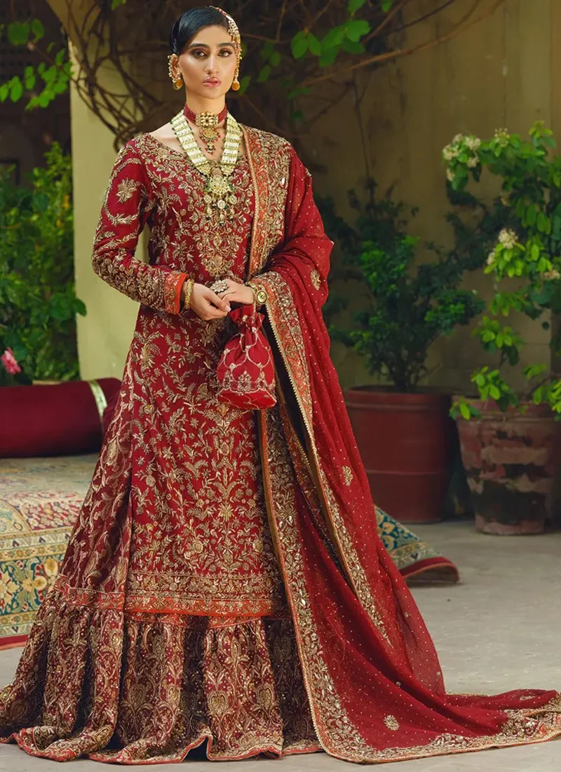Shazia Kiyani-inspired bridal Farshi lehenga in pomegranate red with Jamawar skirt, attached cancan and broad embroidered borders