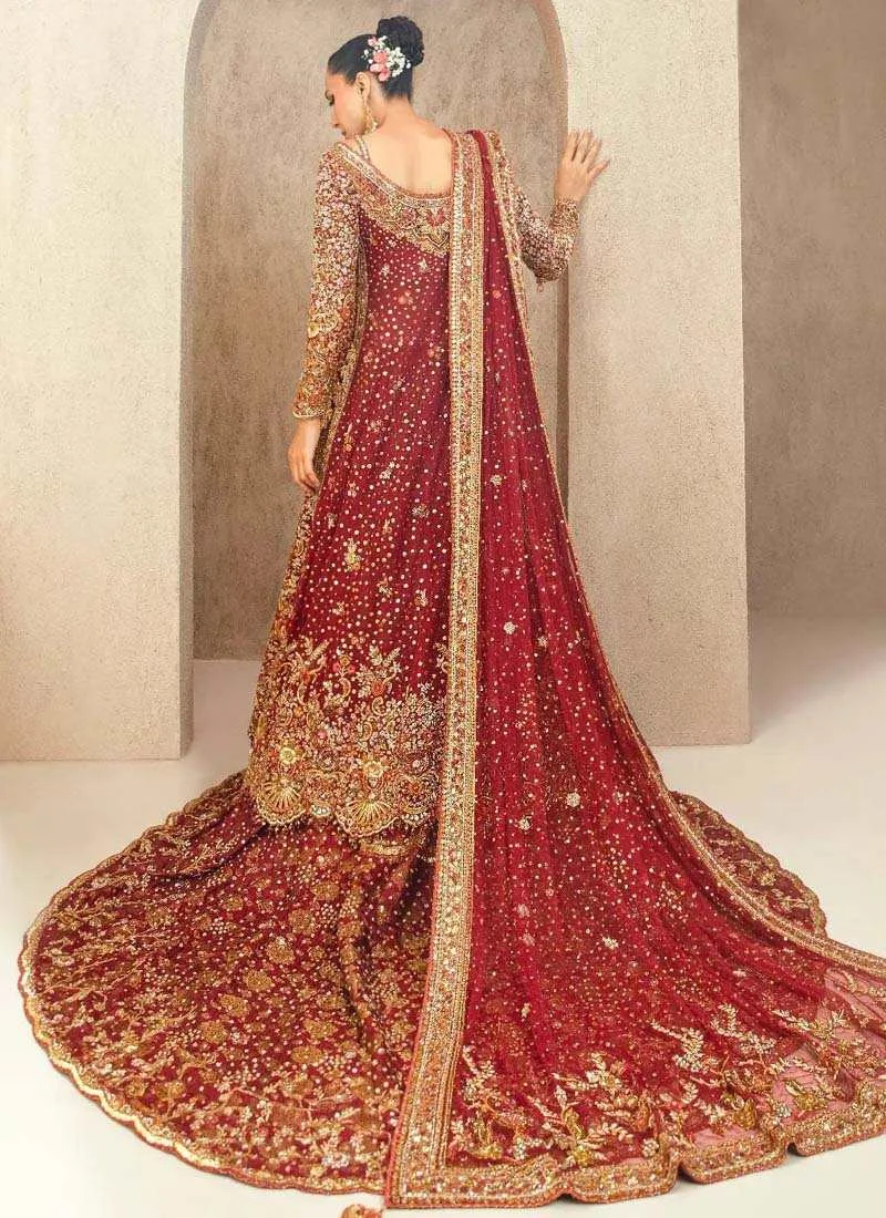 Deep red Farshi lehenga with ankle-length organza long shirt, Jamawar lehenga, gold-toned embroidery and chiffon dupatta.