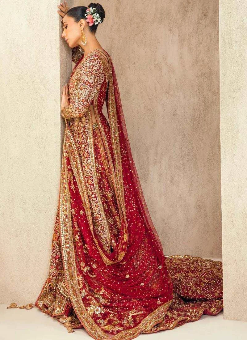 Deep red Farshi lehenga with ankle-length organza long shirt, Jamawar lehenga, gold-toned embroidery and chiffon dupatta.
