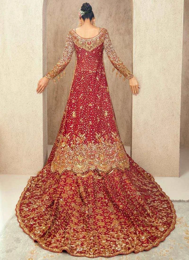 Deep red Farshi lehenga with ankle-length organza long shirt, Jamawar lehenga, gold-toned embroidery and chiffon dupatta.