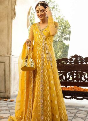 Yellow Angrakha frock with lehenga featuring elegant embroidery and traditional wedding styling
