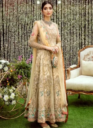 Champagne gold bridal pishwas front close-up with floral embroidery and a sheer bordered dupatta