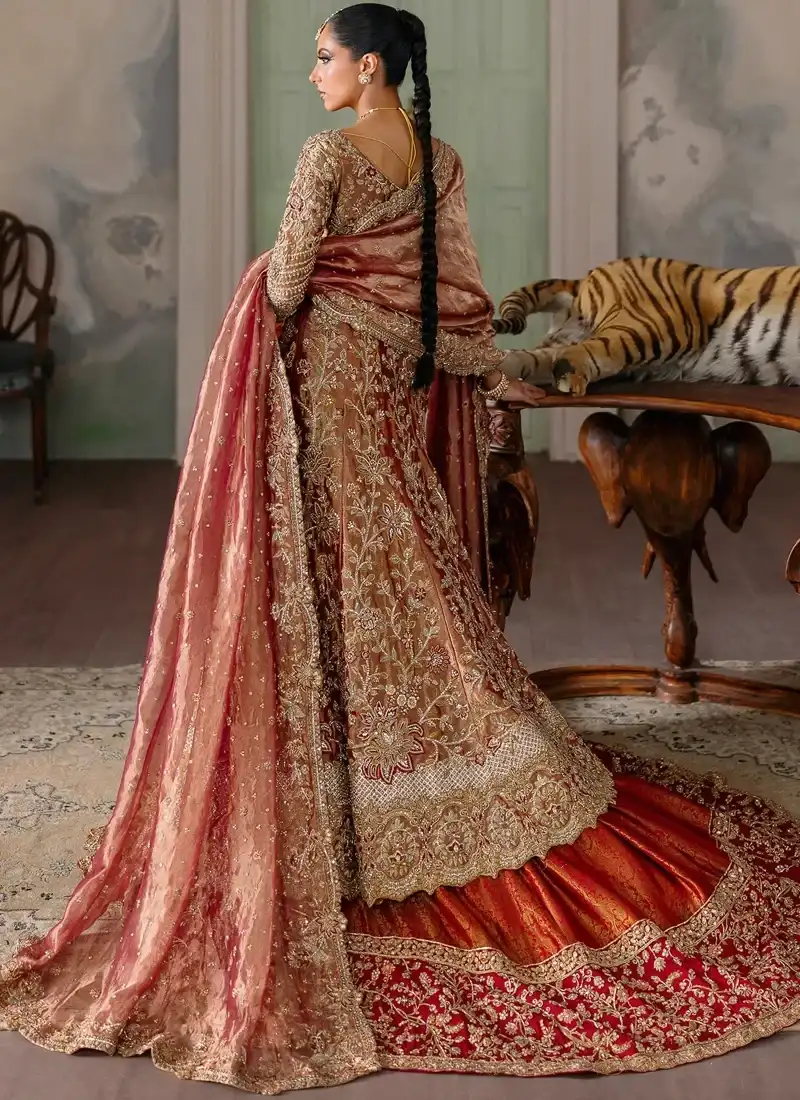 Coral bridal peshwas and sheer dupatta, front bodice close-up showing intricate gold floral embroidery