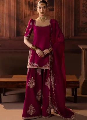 Deep fuchsia farshi gharara with sheer head-draped dupatta and scalloped metallic edging