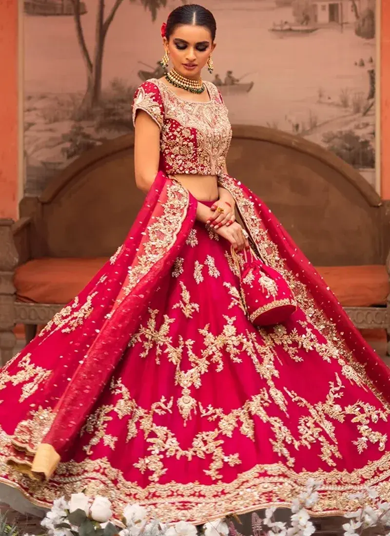 Fuchsia Baraat Lehenga Choli with Gold Floral Arches Video