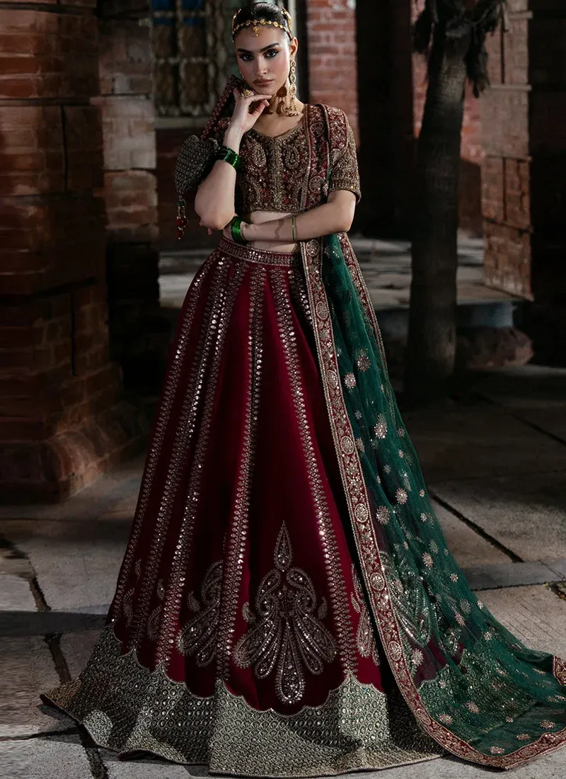 Hot Pink Baraat Lehenga Choli with Oversized Paisley Motifs Hot pink lehenga choli, side detail showing metallic blouse embroidery and vertical sequin vines