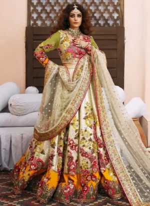 Ivory baraat lehenga choli standing front view with olive sleeves, floral embroidery and orange hem