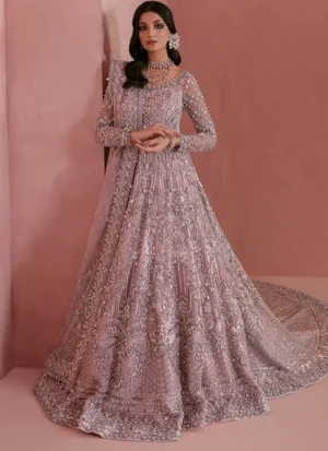 Mauve Nikkah bridal maxi, full front view with shimmering silver embroidery and a sweeping flared hem