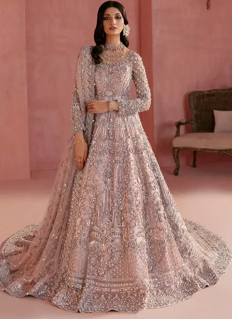 Mauve bridal maxi, side-back view with a long embroidered train and sheer zigzag-bordered dupatta
