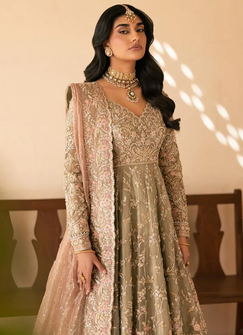 Olive Walima Long Peshwas with Lehenga with Scalloped Floral Hem Olive bridal pishwas front close-up with scalloped sweetheart neckline and floral embroidered dupatta