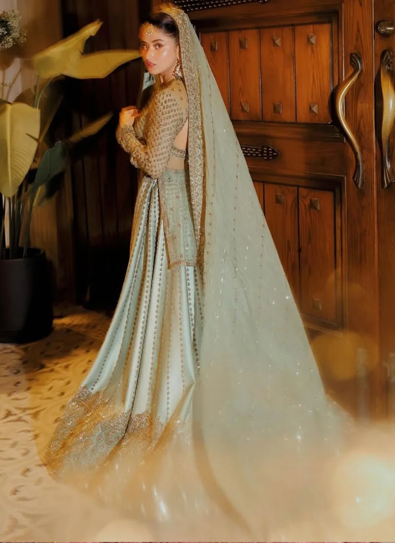 Sage Green Baraat Lehenga Kurti with Diamond Lattice Hem Video