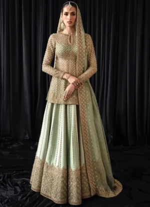 Sage green baraat lehenga kurti full front with keyhole neck and wide gold diamond lattice lehenga hem