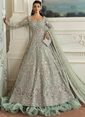 Sage green Nikkah bridal maxi in angled front view with silver floral embroidery and spiral hem frills