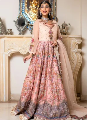 Salmon pink bridal maxi beneath a sheer dotted dupatta with a multicolour floral embroidered border